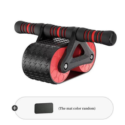 Red Automatic Rebound Ab Wheel Roller Waist Trainer Gym with ergonomic handles and random color kneeling mat included.