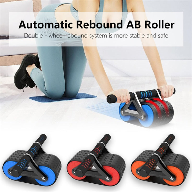 Automatic Rebound Ab Wheel Roller Waist Trainer Gym with dual wheels for stability, shown in blue, red, and orange for home fitness workouts.