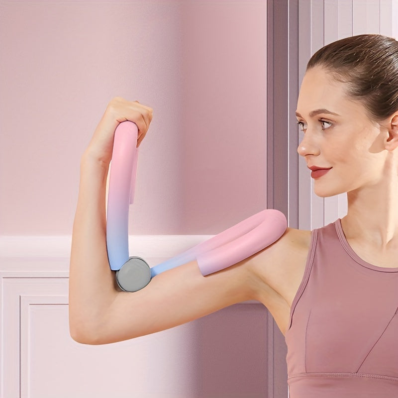 Woman using Thigh Master Exercise Equipment for arm toning. Compact design ideal for upper body strength training at home.