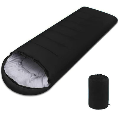 Black Camping Sleeping Bag - Light Waterproof with carry bag, featuring soft lining and compact design for travel and camping.