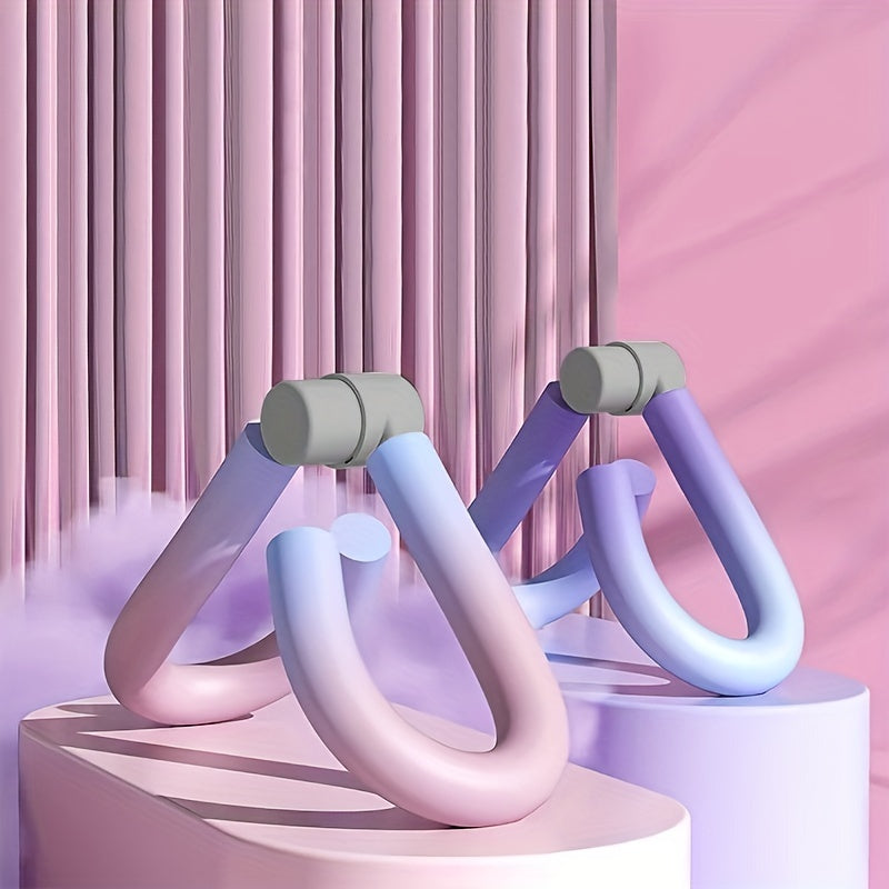 Pair of Thigh Master Exercise Tools in pink and blue gradient. Compact and stylish design for home gym workouts.