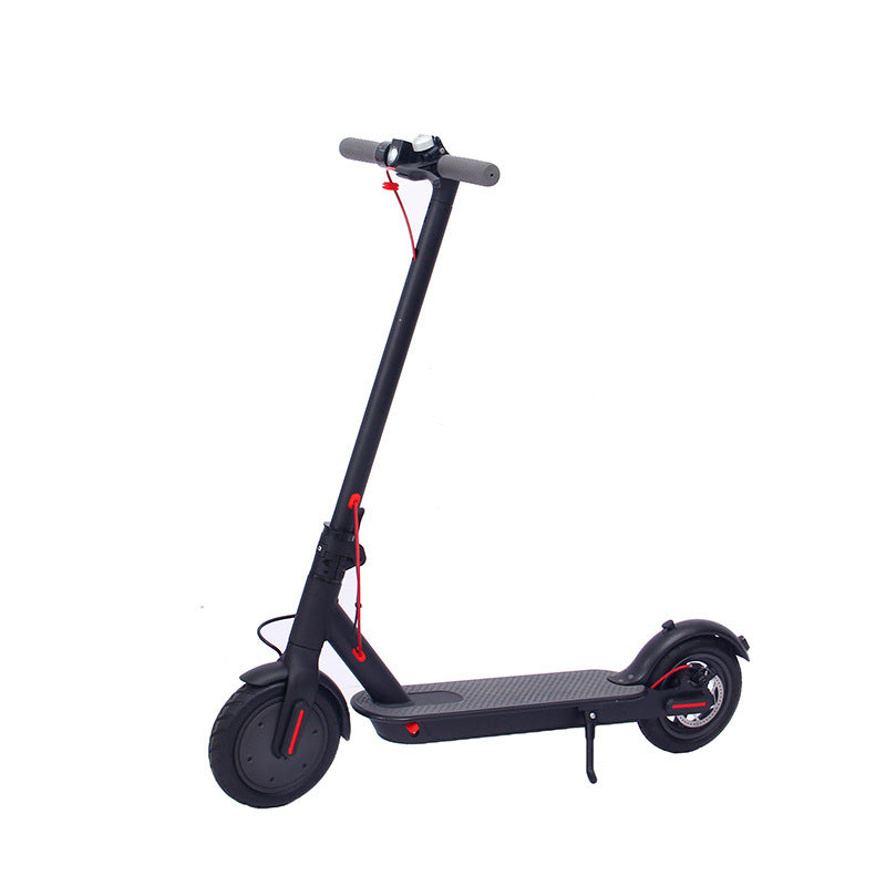 Black Foldable Electric Scooter with 8.5 inch tires, aluminum alloy frame, and red accents, designed for urban commuting up to 30 km/h.