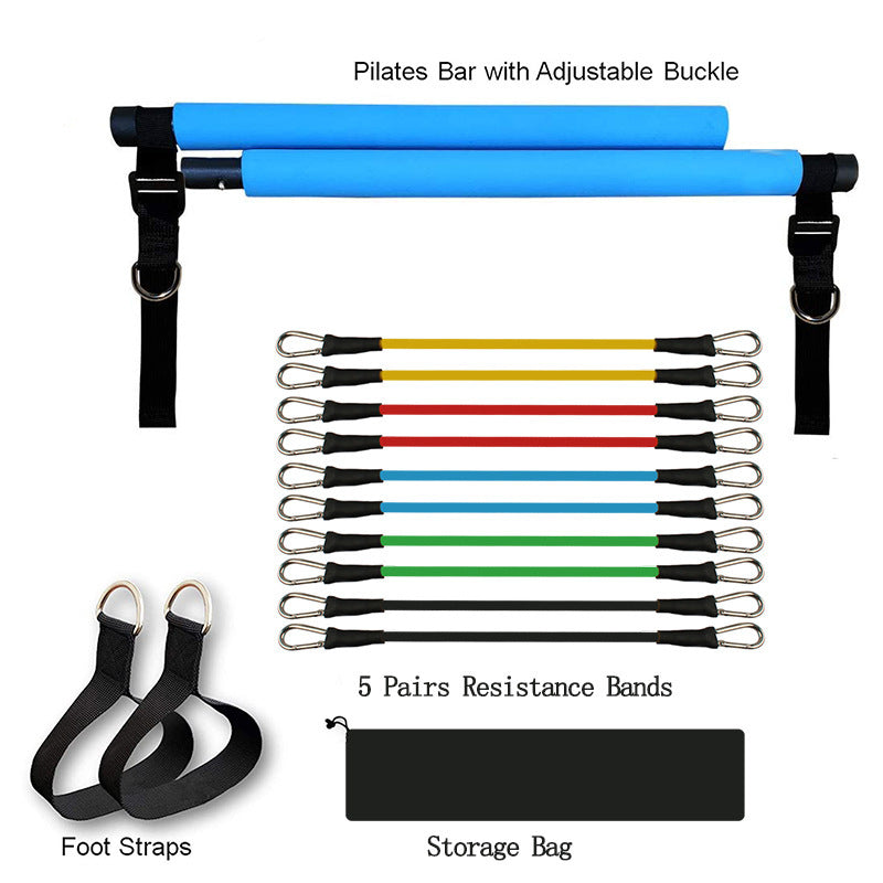 Blue Pilates bar set with 5 pairs of resistance bands, foot straps, and storage bag for home trainer workout equipment.