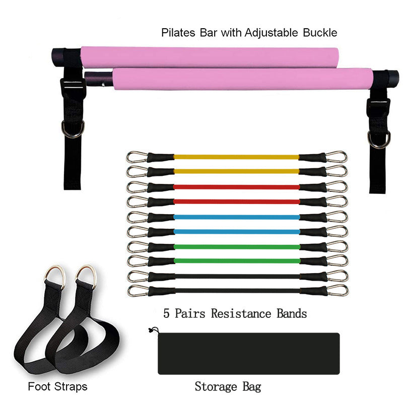 Pink Pilates bar with resistance bands, foot straps, and storage bag, perfect for home trainer workout equipment and Pilates routines.