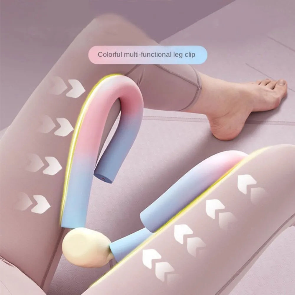 Colorful Thigh Master Leg Clip shown in use for inner thigh exercises. Multi-functional design targets leg and hip muscles.