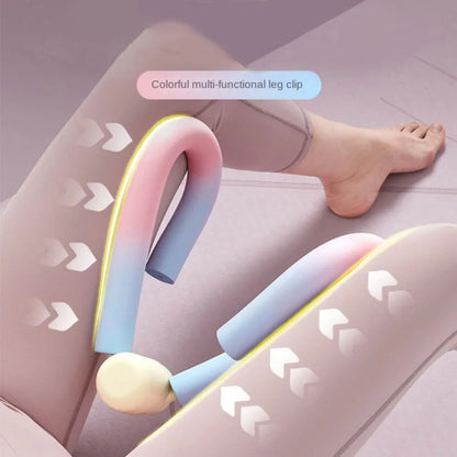 Colorful Thigh Master Leg Clip shown in use for inner thigh exercises. Multi-functional design targets leg and hip muscles.